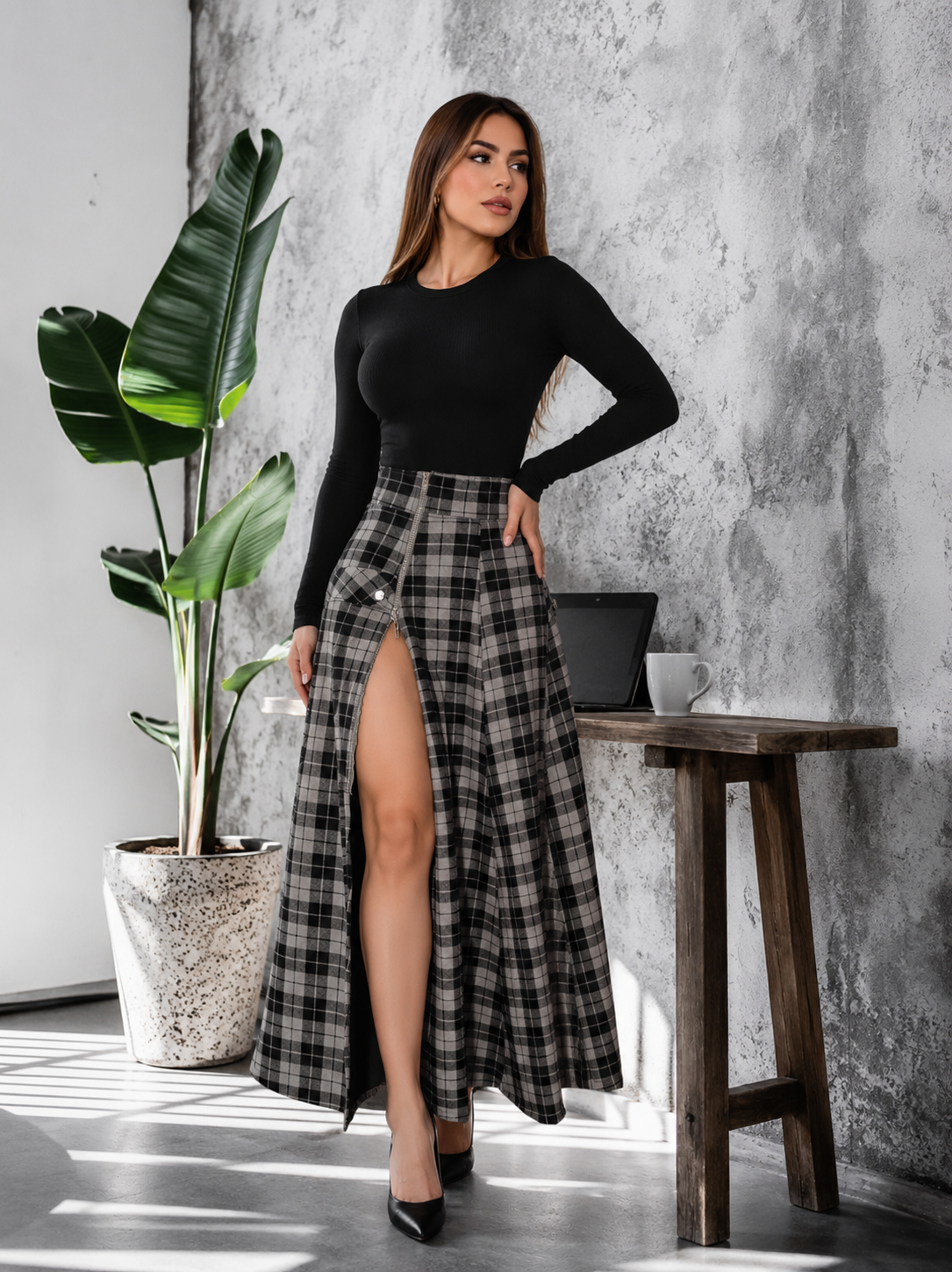 Falda Larga Cuadros Licrada con Cremallera