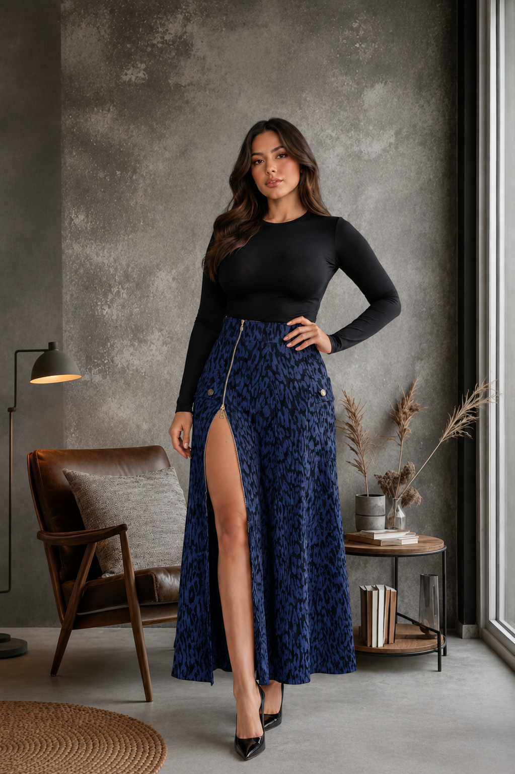 Falda Larga Animal Print Licrada con Cremallera
