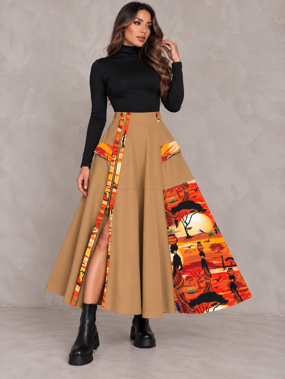 Falda Camel Larga Con diseño y Cremallera