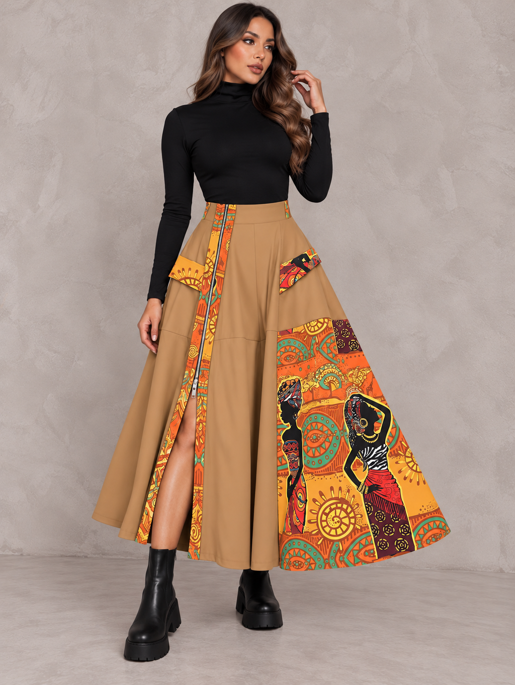 Falda Camel Larga Con diseño y Cremallera