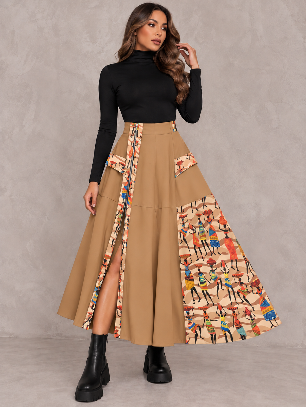 Falda Camel Larga Con diseño y Cremallera