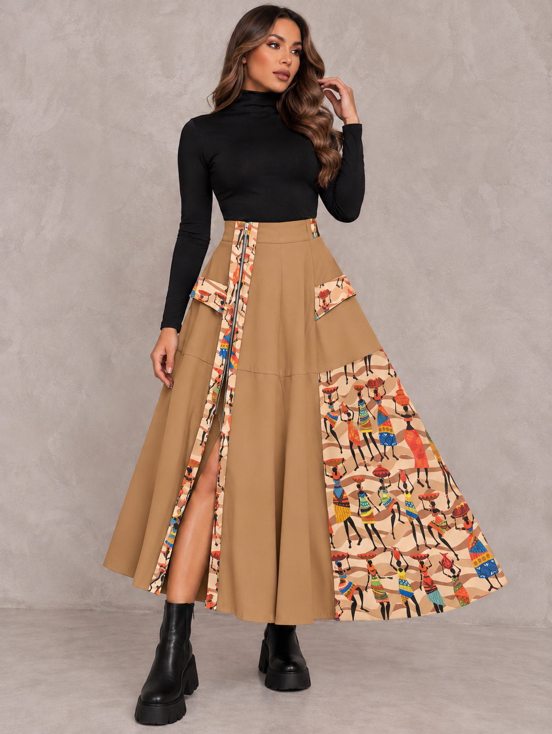 Falda Camel Larga Con diseño y Cremallera