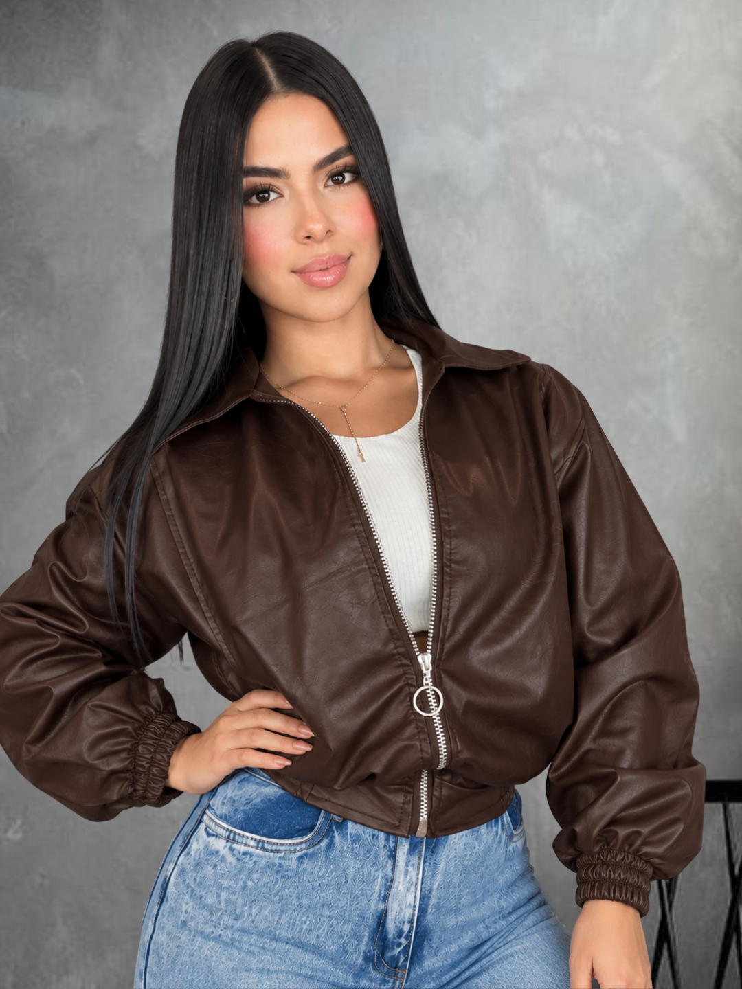 Chaqueta Cuero Oversize con bolsillos